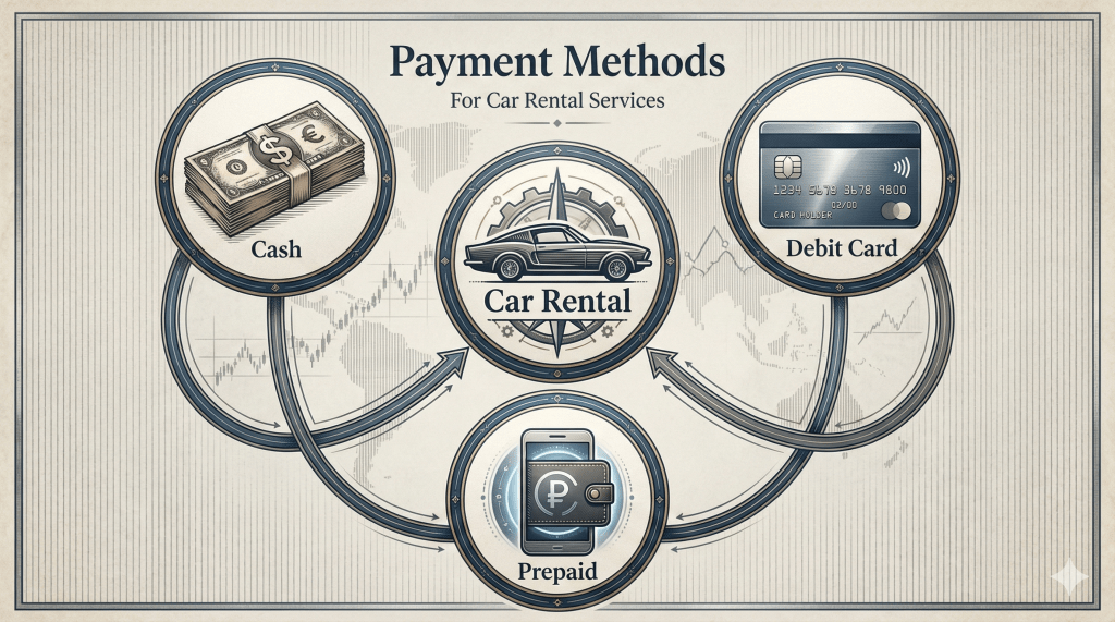 Infographic showing Cash, Debit Card, and Prepaid Card as valid payment methods for car rental in Dubai.