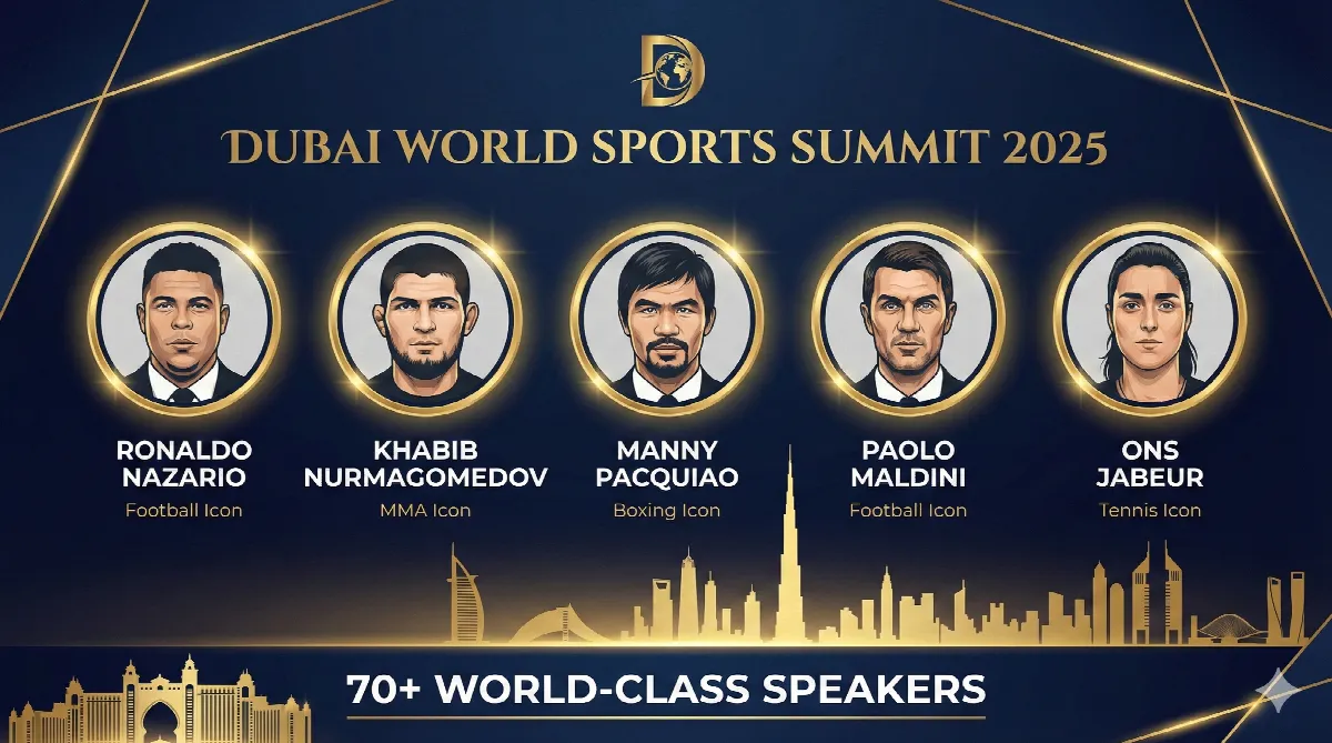 Dubai World Sports Summit 2025 speaker lineup featuring Ronaldo, Khabib, Pacquiao, Maldini, and Ons Jabeur