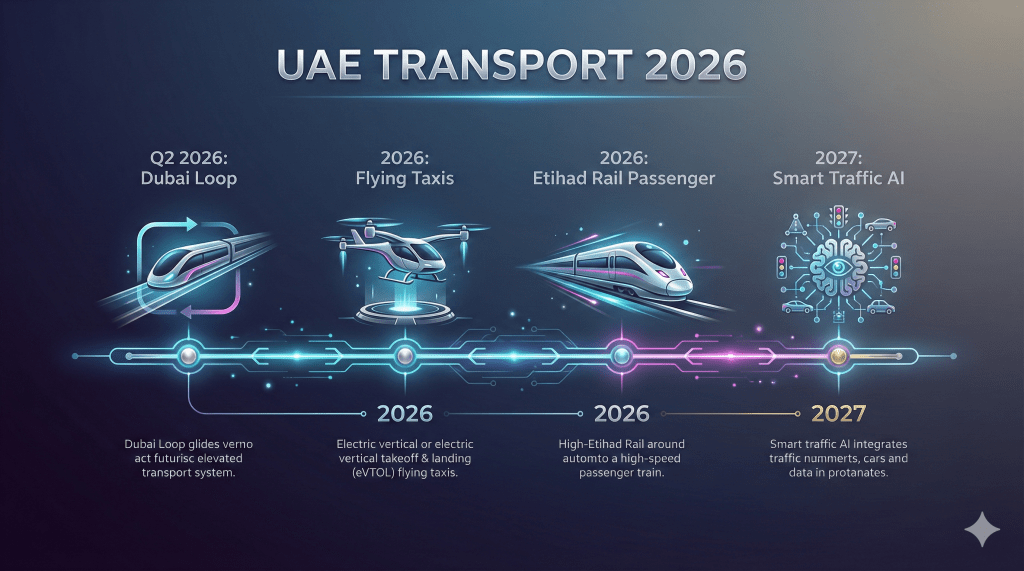 Timeline infographic showing the launch dates for Dubai Loop, Flying Taxis, and Etihad Rail passenger services in 2026.
