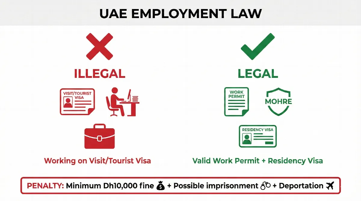 Warning infographic explaining illegal vs legal work arrangements in UAE and penalties for visa misuse
