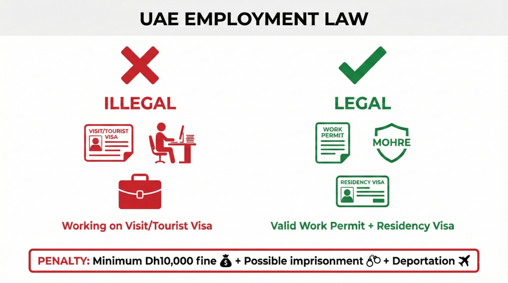 Warning infographic explaining illegal vs legal work arrangements in UAE and penalties for visa misuse