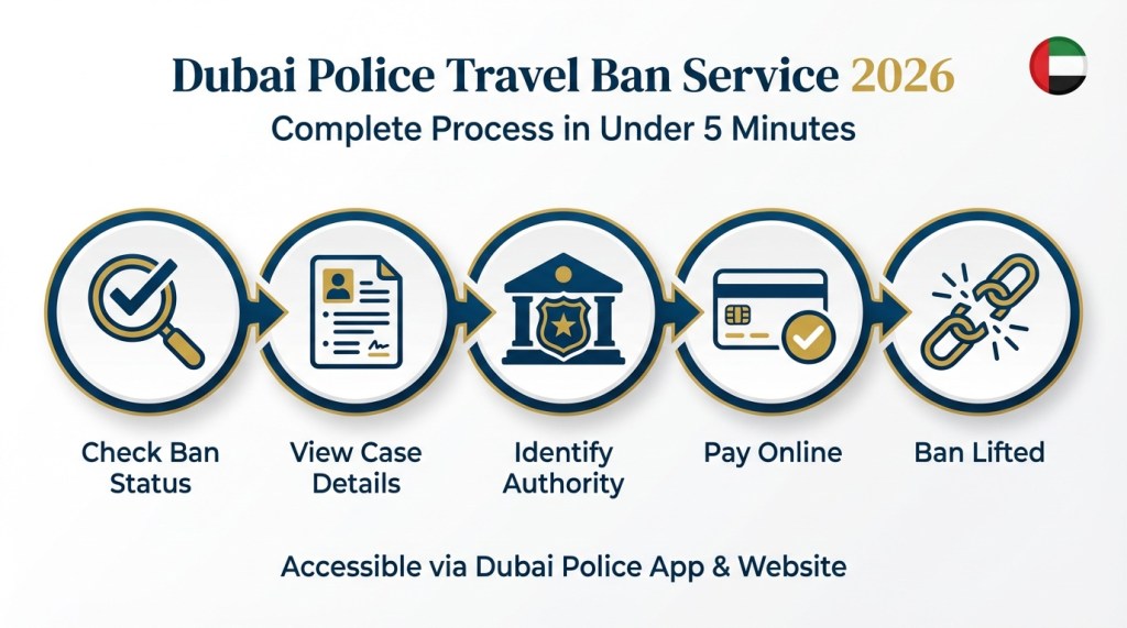 Infographic showing Dubai Police travel ban service features from checking status to instant ban removal