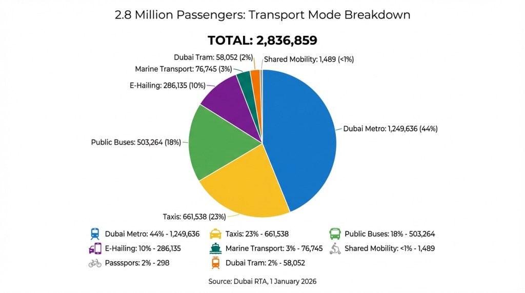 Pie chart showing Dubai New Year Eve 2026 public transport usage breakdown by mode with Metro leading at 44 percent