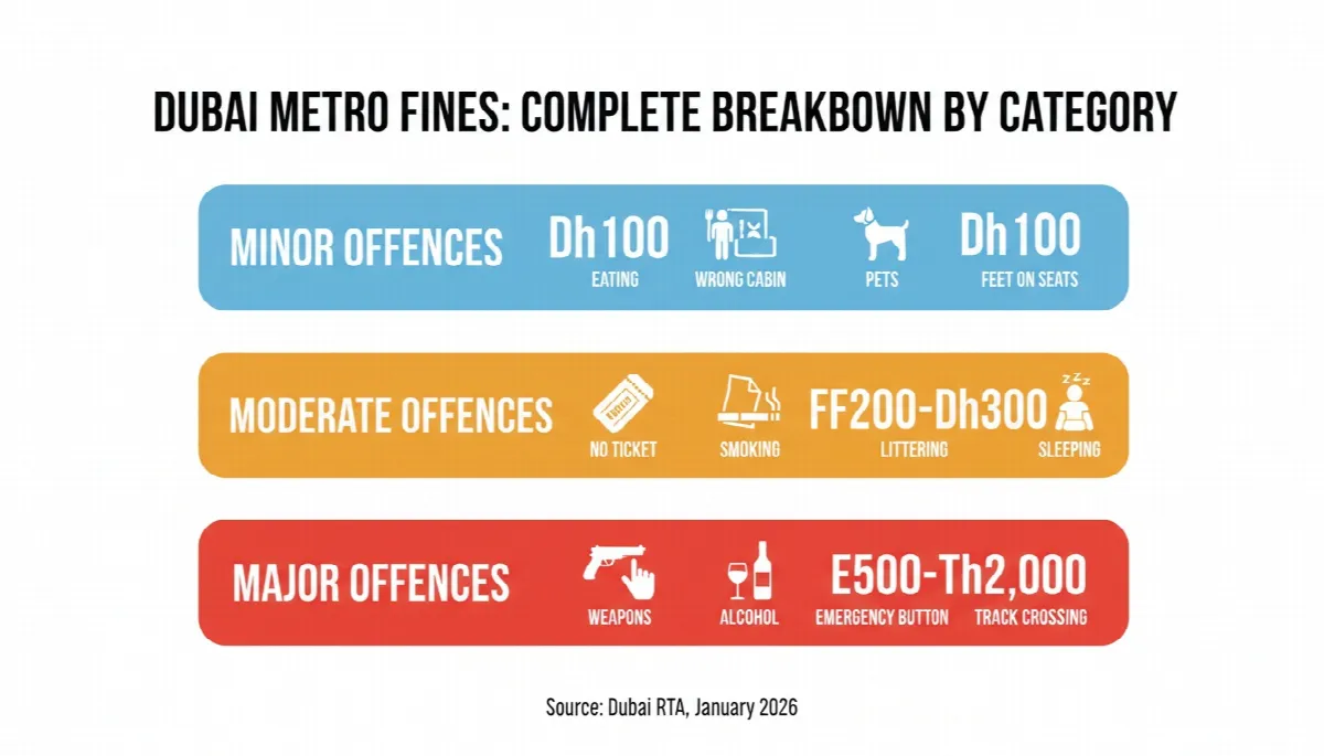 Three-tier infographic showing Dubai Metro fines categorised by minor moderate and major offences