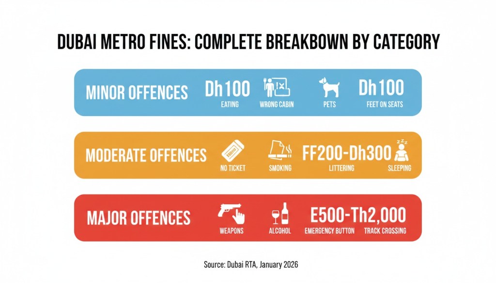 Three-tier infographic showing Dubai Metro fines categorised by minor moderate and major offences