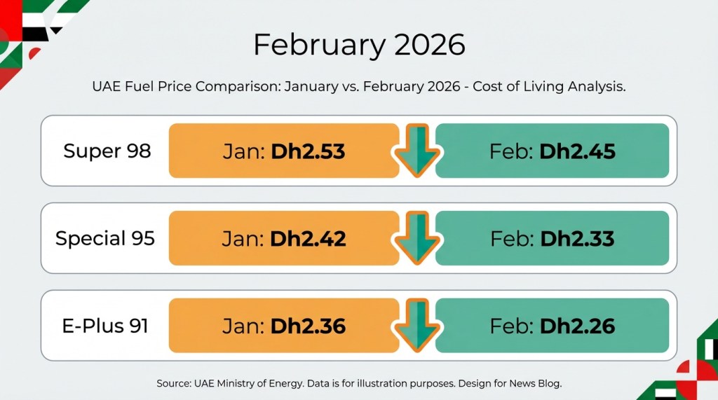 UAE fuel prices comparison chart showing January vs February 2026 rates for Super 98, Special 95, and E-Plus 91 petrol grades