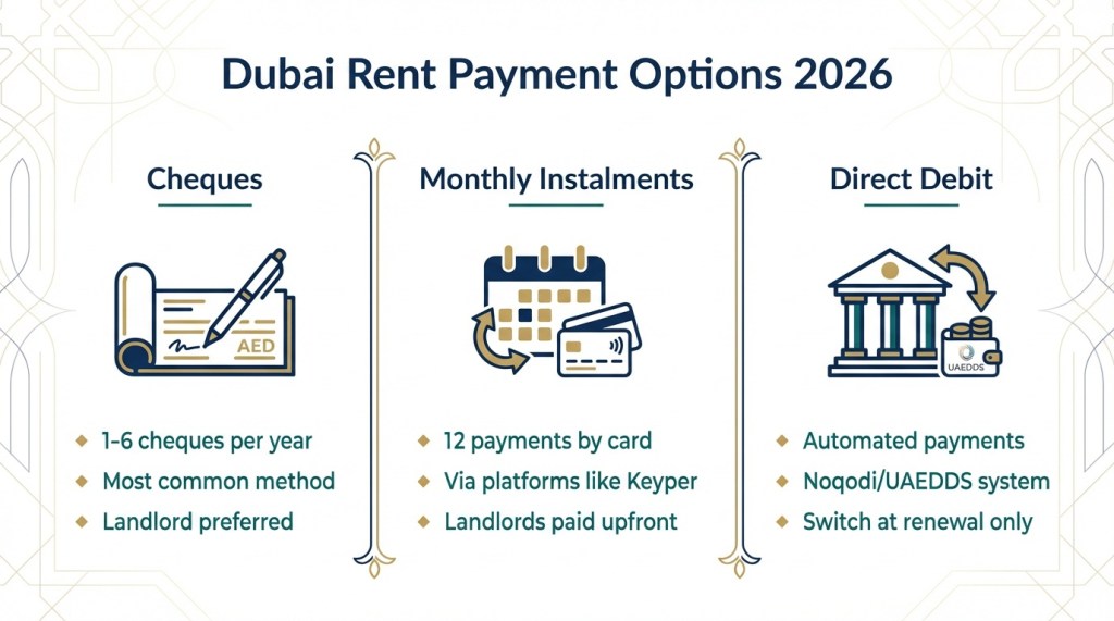 Comparison infographic showing three Dubai rent payment methods: cheques, monthly instalments, and direct debit