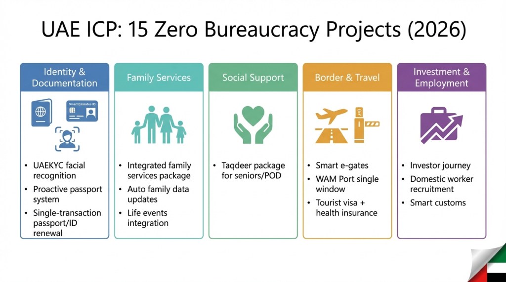 Infographic showing 15 UAE ICP Zero Bureaucracy projects organised by category including identity, family, border and investment services