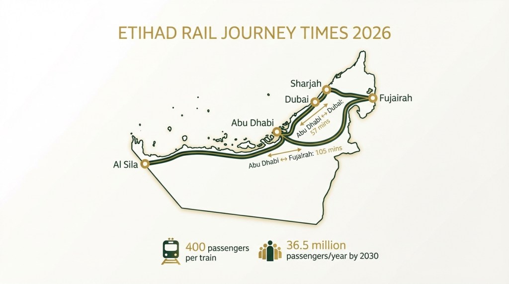 UAE map showing Etihad Rail passenger route connecting 11 cities with journey times between Abu Dhabi, Dubai and Fujairah