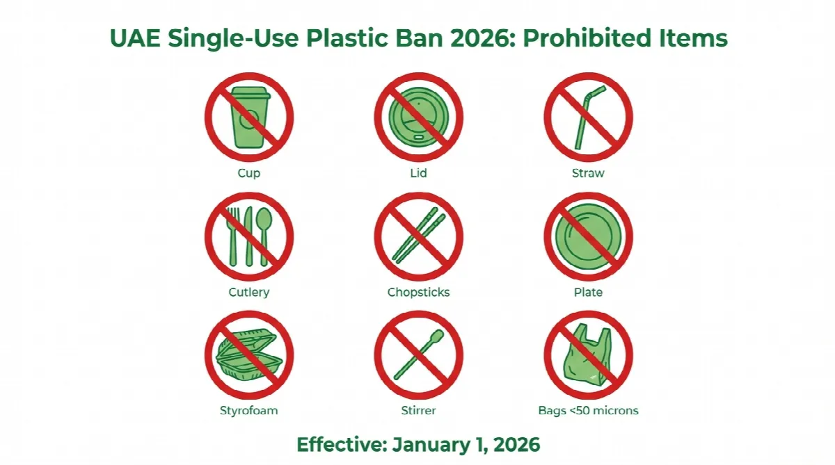 Grid showing 9 single-use plastic items banned in UAE from January 2026 including cups, lids, straws, cutlery, and Styrofoam containers