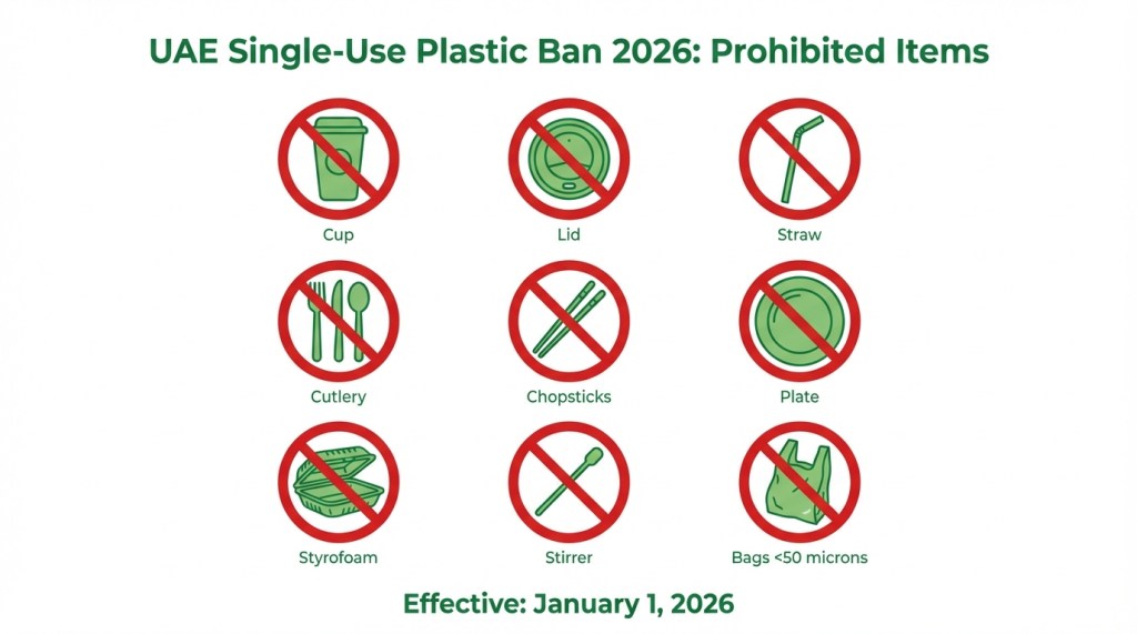 Grid showing 9 single-use plastic items banned in UAE from January 2026 including cups, lids, straws, cutlery, and Styrofoam containers