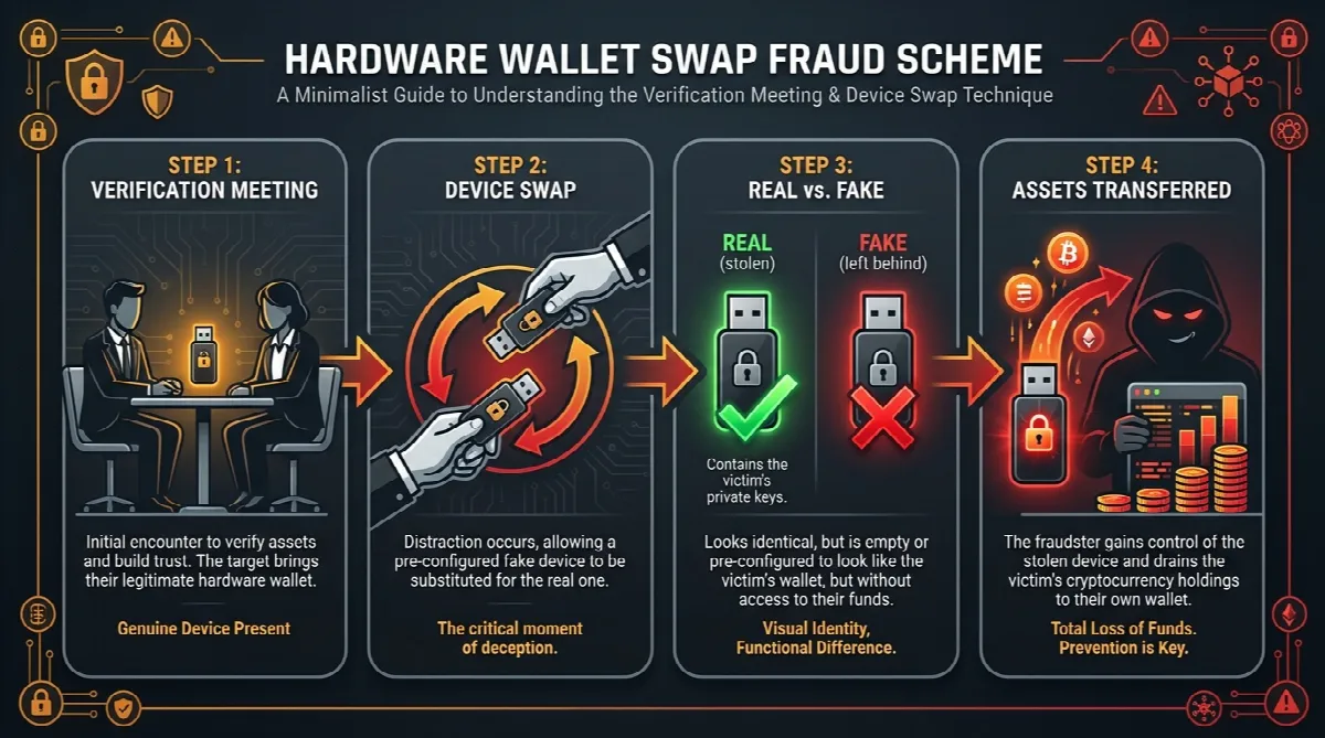 Four-step diagram showing how cryptocurrency hardware wallet swap fraud works from meeting to asset theft
