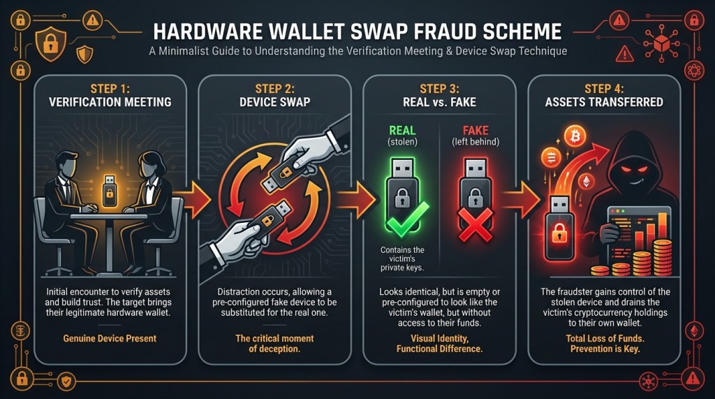 Four-step diagram showing how cryptocurrency hardware wallet swap fraud works from meeting to asset theft
