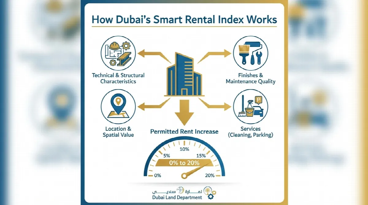 Infographic showing four building evaluation criteria used by Dubai Smart Rental Index to determine permitted rent increases