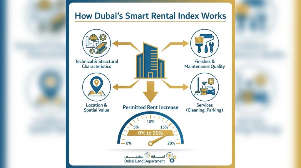 Infographic showing four building evaluation criteria used by Dubai Smart Rental Index to determine permitted rent increases