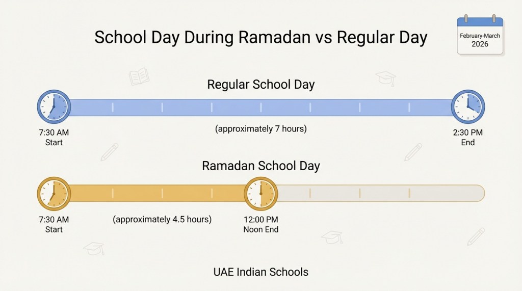 Timeline comparison showing UAE Indian school day hours during Ramadan ending at noon versus regular school day ending at 2:30pm
