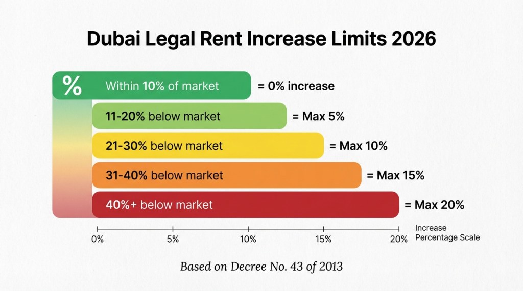 Chart showing Dubai permitted rent increase percentages from 0% to maximum 20% based on gap between current rent and market average