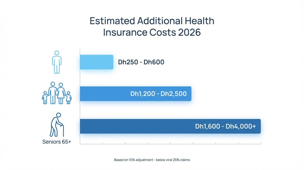 Bar chart showing estimated additional UAE health insurance costs for 2026 with single adults paying Dh250-600, families Dh1,200-2,500, and seniors Dh1,600-4,000 annually
