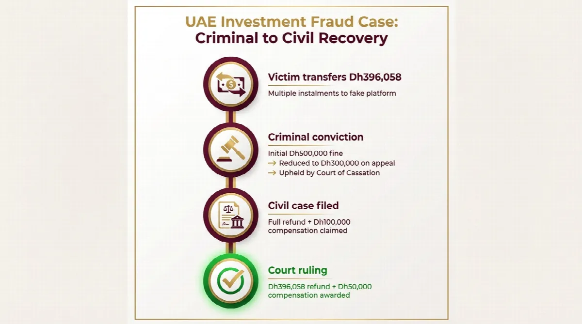 Timeline infographic showing UAE investment fraud case progression from victim transfers through criminal conviction to civil court ruling awarding full refund plus compensation