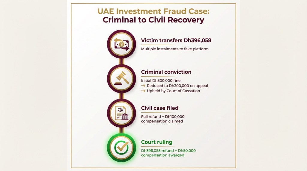 Timeline infographic showing UAE investment fraud case progression from victim transfers through criminal conviction to civil court ruling awarding full refund plus compensation