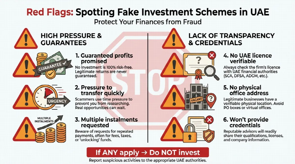Warning checklist showing six red flags of fake investment schemes in UAE including guaranteed profits, transfer pressure, no licence, and refusal to provide credentials