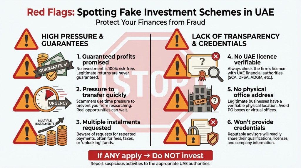 Warning checklist showing six red flags of fake investment schemes in UAE including guaranteed profits, transfer pressure, no licence, and refusal to provide credentials