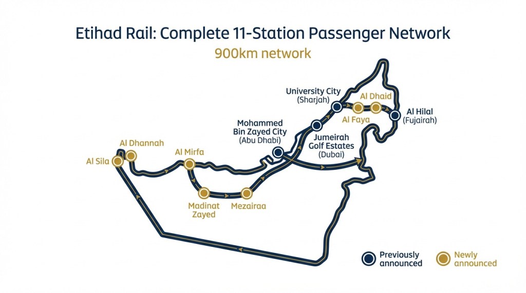 Map showing all 11 Etihad Rail passenger stations across UAE including 7 newly announced stations in Western Region, Abu Dhabi, Dubai, Sharjah, and Fujairah