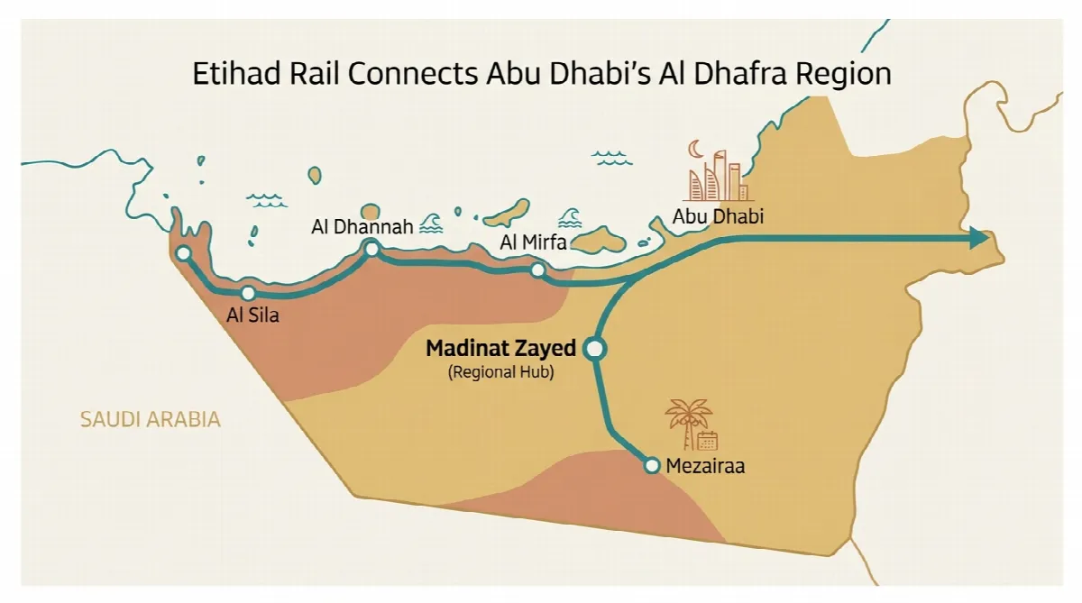 Map showing five new Etihad Rail stations in Abu Dhabi's Al Dhafra region including Al Sila, Al Dhannah, Al Mirfa, Madinat Zayed, and Mezairaa