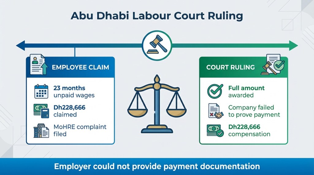 Abu Dhabi labour court case infographic showing employee awarded Dh228,666 after company failed to prove wage payments
