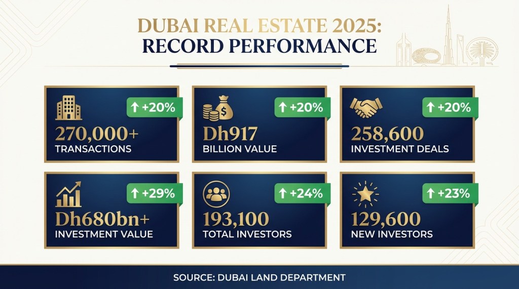 Dubai real estate 2025 statistics dashboard showing 270,000 transactions worth Dh917 billion with 20% year-on-year growth