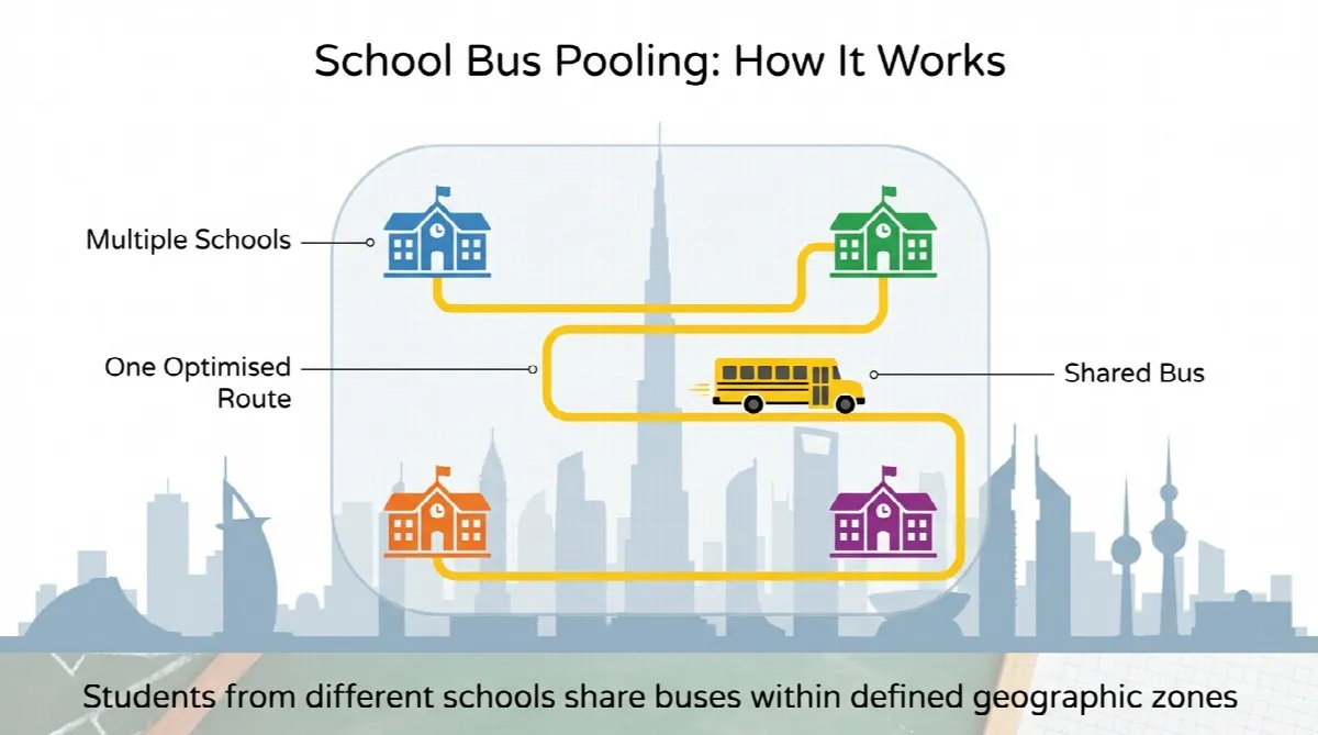 Infographic showing how Dubai school bus pooling connects multiple schools with one optimised shared bus route