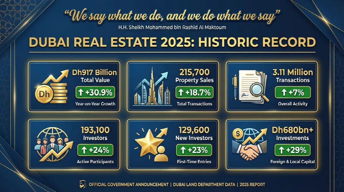 Dubai real estate 2025 statistics showing Dh917 billion in transactions announced by Sheikh Mohammed