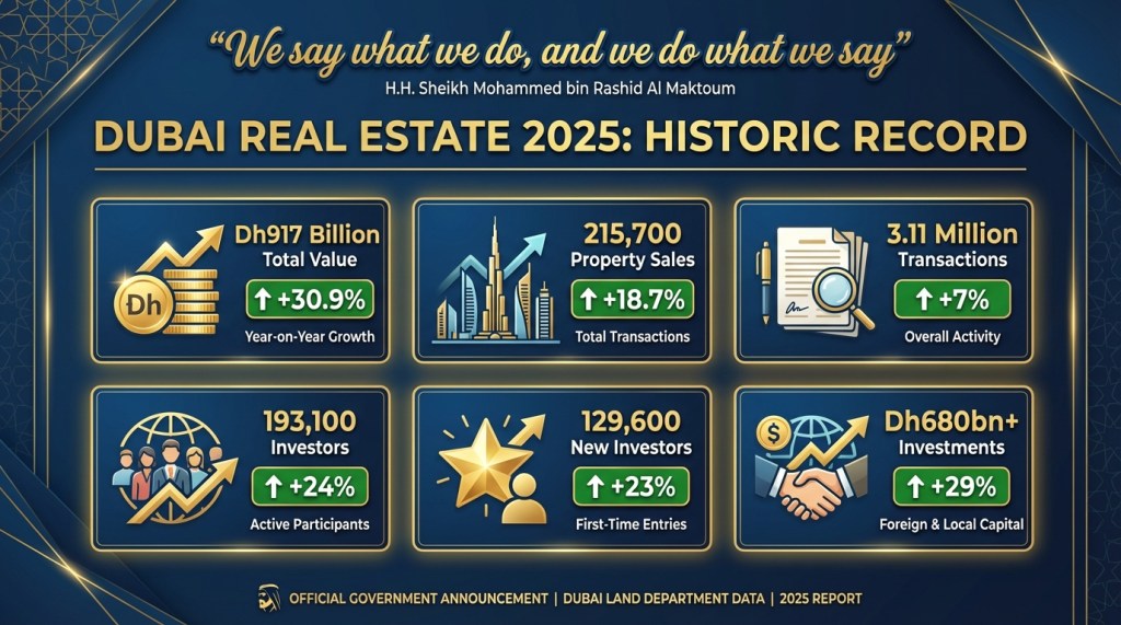 Dubai real estate 2025 statistics showing Dh917 billion in transactions announced by Sheikh Mohammed