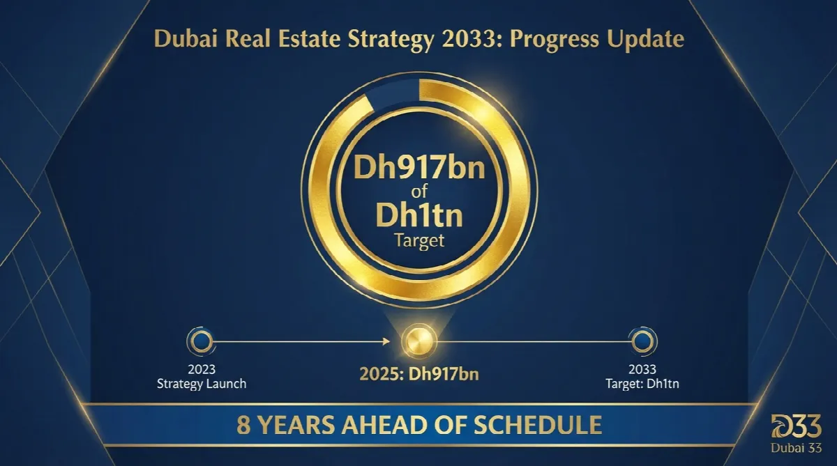 Progress gauge showing Dubai reached 91.7% of Dh1 trillion real estate target in 2025, eight years ahead of 2033 goal