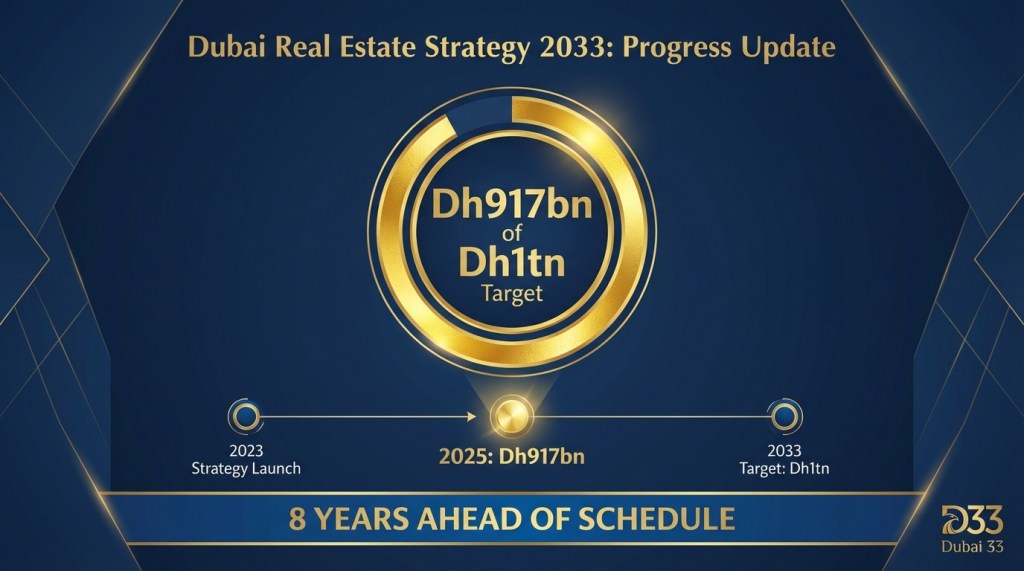 Progress gauge showing Dubai reached 91.7% of Dh1 trillion real estate target in 2025, eight years ahead of 2033 goal