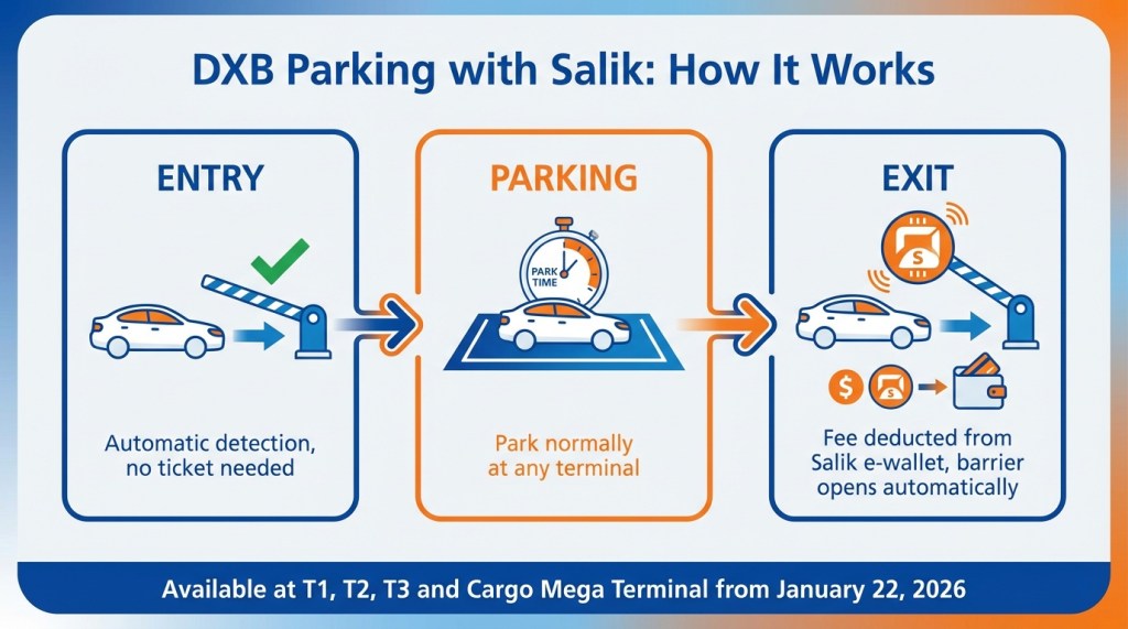 Three-step infographic showing how Salik cashless parking works at Dubai Airport with automatic entry, parking, and exit