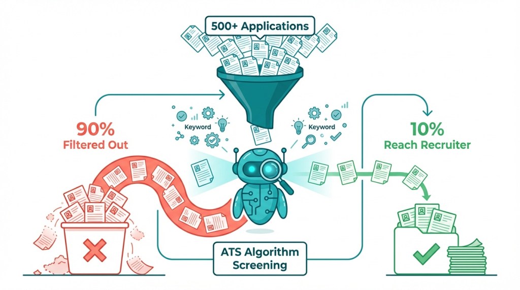 Visual diagram showing how ATS applicant tracking systems filter 90 percent of CVs before human review