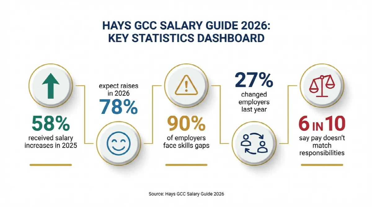 Hays GCC Salary Guide 2026 infographic showing 58 percent got raises and 90 percent of employers face skills gaps