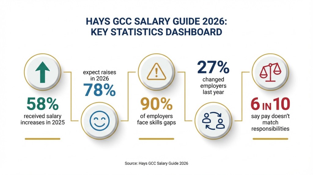 Hays GCC Salary Guide 2026 infographic showing 58 percent got raises and 90 percent of employers face skills gaps
