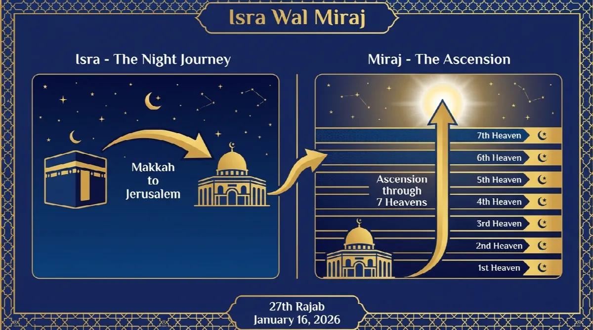 Infographic showing the two parts of Isra Wal Miraj journey from Makkah to Jerusalem and ascension to heavens