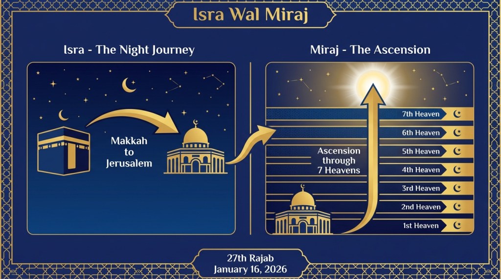 Infographic showing the two parts of Isra Wal Miraj journey from Makkah to Jerusalem and ascension to heavens