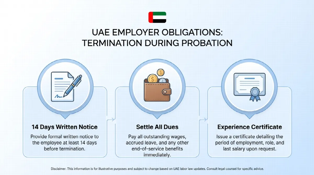 Infographic showing three UAE employer obligations during probation termination: 14 days written notice, settling all dues, and providing an experience certificate