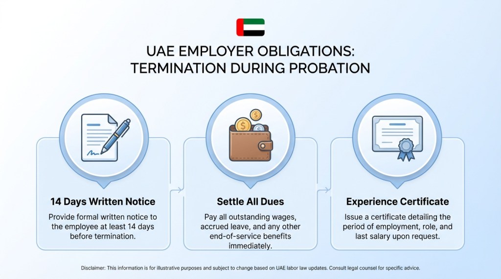 Infographic showing three UAE employer obligations during probation termination: 14 days written notice, settling all dues, and providing an experience certificate