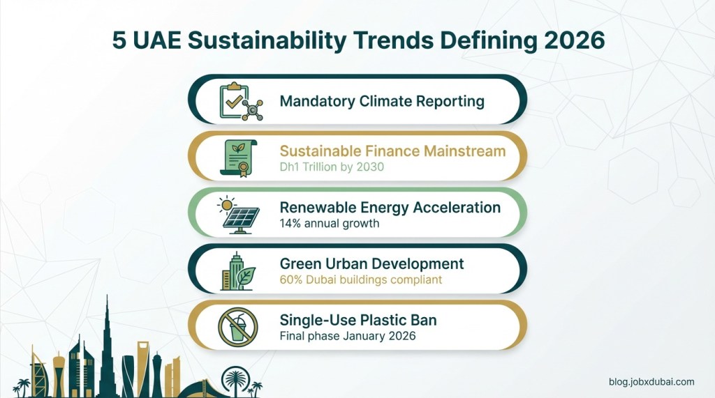 After the introduction paragraph, before Section 1.
Alt text: Infographic showing five UAE sustainability trends for 2026 including climate reporting, green finance, renewables, green buildings, and plastic ban