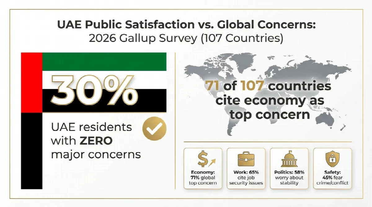 Infographic comparing UAE public satisfaction at 30 per cent with zero concerns against global priorities from the 2026 Gallup survey of 107 countries