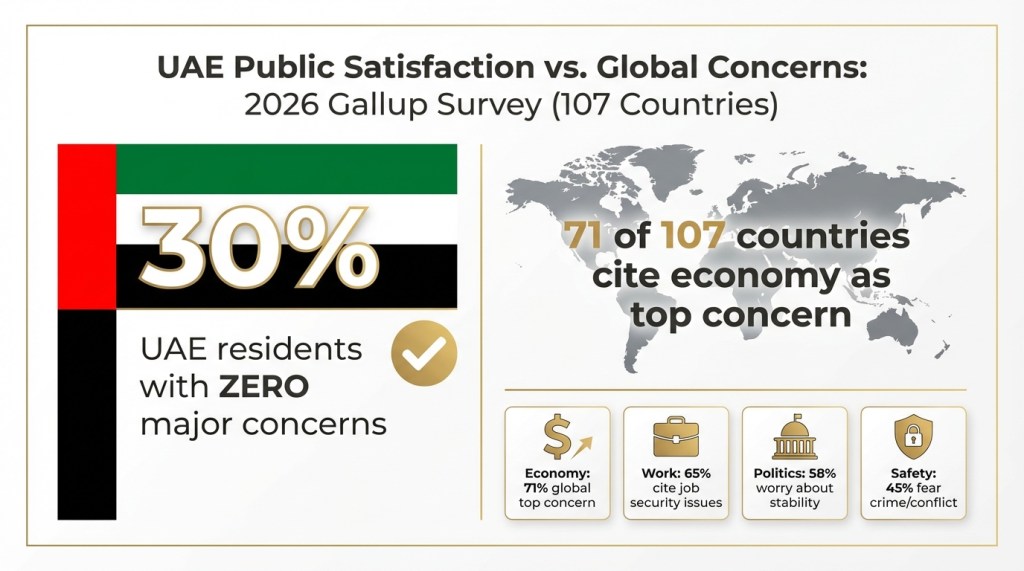 Infographic comparing UAE public satisfaction at 30 per cent with zero concerns against global priorities from the 2026 Gallup survey of 107 countries