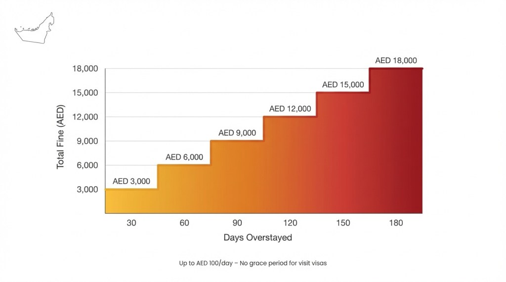 UAE visit visa overstay fine calculator showing daily AED penalties over time