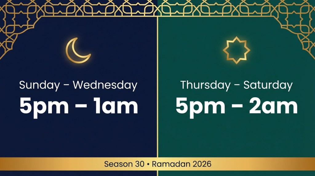 Global Village Dubai Ramadan 2026 operating hours comparison chart showing weekday and weekend timings