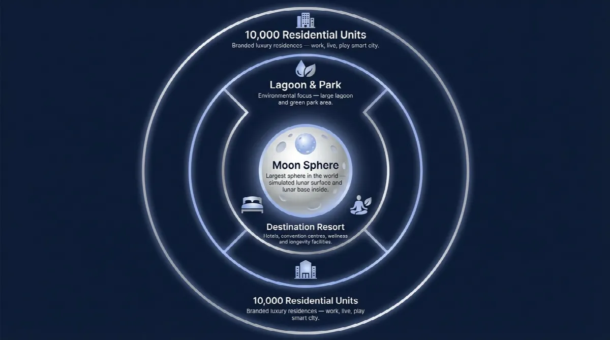 Moon Dubai project concept breakdown showing sphere structure, lunar surface, hotels, and residential ring