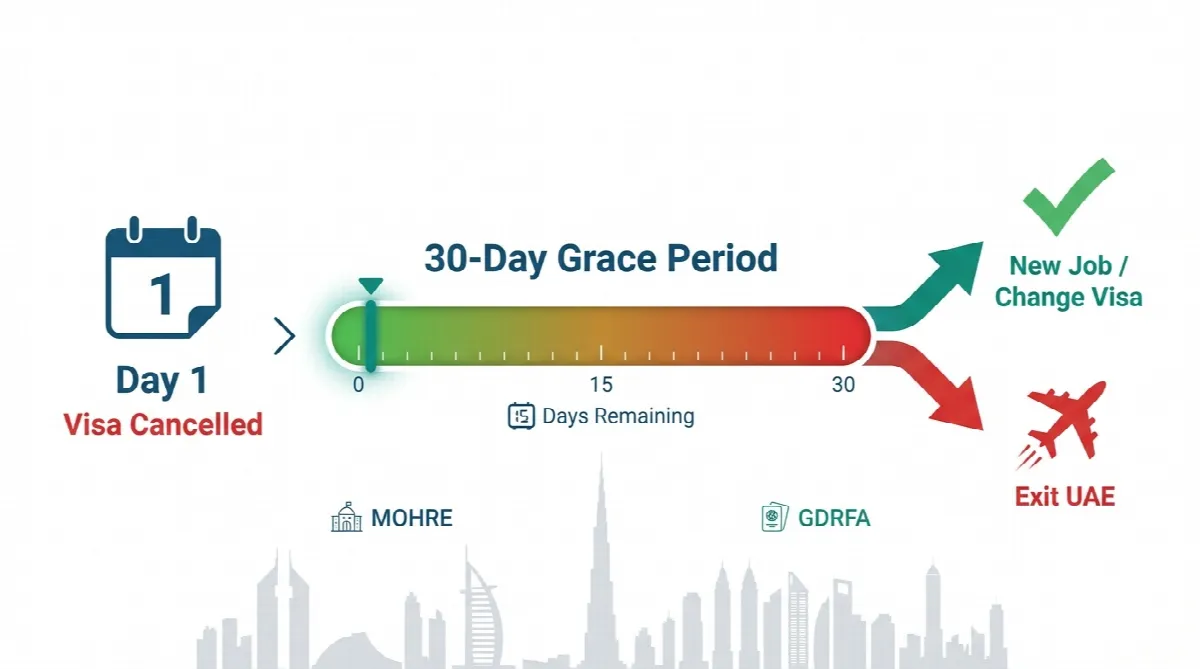 UAE work visa cancellation 30-day grace period timeline infographic showing options to find new employment or exit the country